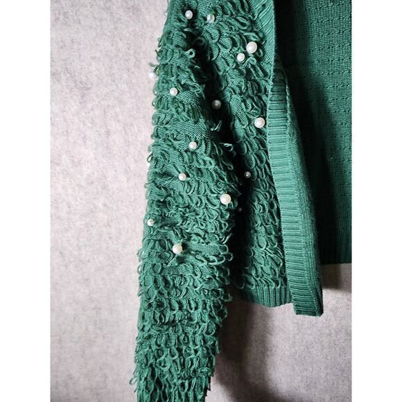 MIGHTY FINE Green Loop Details Faux Pearl Unique Open Front Crop Cardigan SZ L - Picture 4 of 8